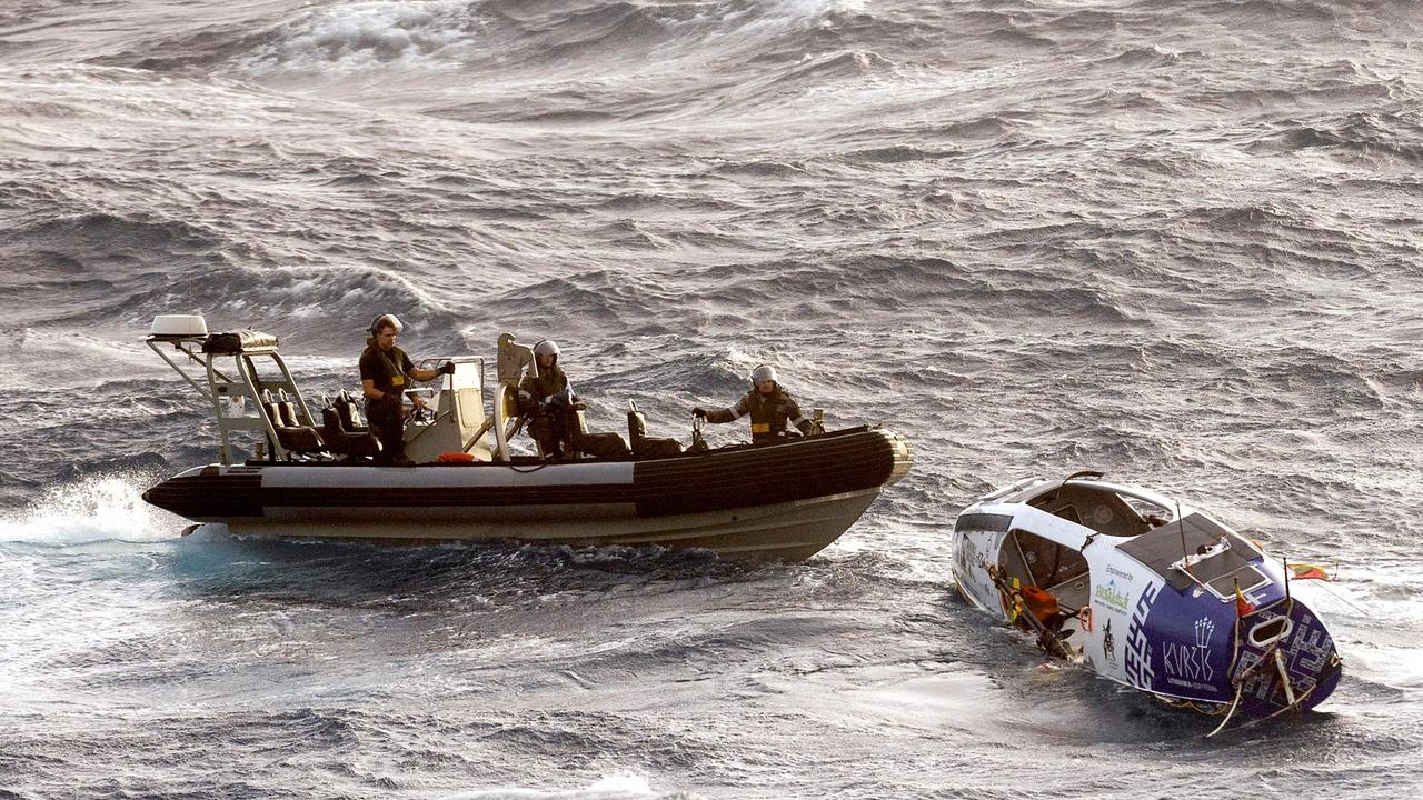 Royal Australian Navy ship HMAS Choules rescues long-distance rower Aurimas Mockus. Picture: Royal Australian Navy