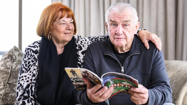 South Sydney legend George Piggins at home with his wife, Nolene, after spending weeks in hospital with a severe infection. Picture: Darren Leigh Roberts