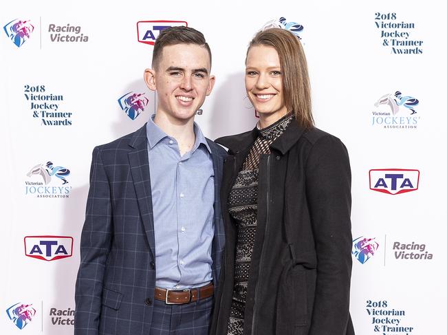 Ben Thompson and Stephanie Thornton arrive for the 2018 Victorian Jockey and Trainer Awards at The Park, in Albert Park, Melbourne, Monday, August 20, 2018. (AAP Image/Daniel Pockett) NO ARCHIVING, EDITORIAL USE ONLY