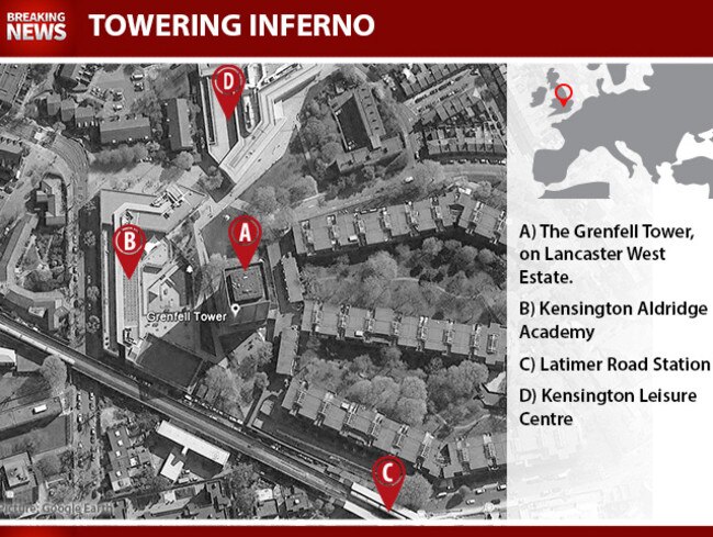 The Grenfell Tower in relation to major surrounding landmarks. Picture: NewsCorp