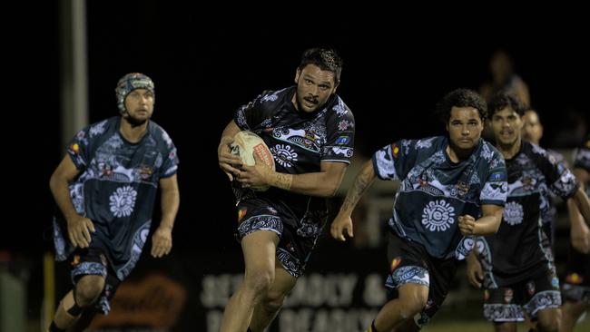 Dustin Briscoe on the charge for the Indigenous All Stars in the 2023 Deadly Cup Carnival men’s match. Picture: Pema Tamang Pakhrin