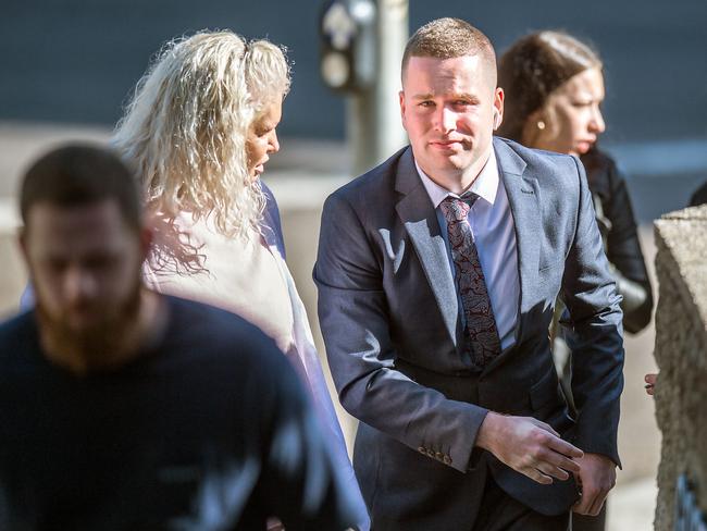 Van Spronssen arriving at Gosford District Court with his mother Deanne Thatcher and other supporters. Picture: News Local / Troy Snook