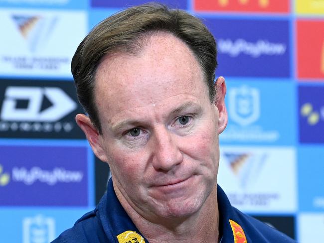 BRISBANE, AUSTRALIA - APRIL 23: Coach Justin Holbrook of the Titans looks dejected at a post match press conference after the round eight NRL match between the Dolphins and Gold Coast Titans at Suncorp Stadium on April 23, 2023 in Brisbane, Australia. (Photo by Bradley Kanaris/Getty Images)