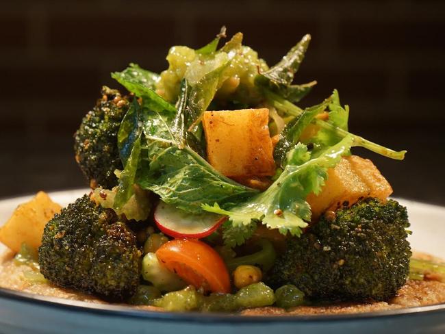 Paratha, broccoli and crisp potatoes at New Local Eatery, Hindmarsh