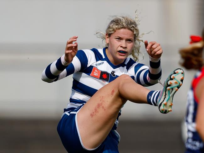 MELBOURNE, AUSTRALIA - NOVEMBER 19: Georgie Prespakis of the Cats in action during the 2023 AFLW Second Semi Final match between The Melbourne Demons and The Geelong Cats at IKON Park on November 19, 2023 in Melbourne, Australia. (Photo by Dylan Burns/AFL Photos via Getty Images)