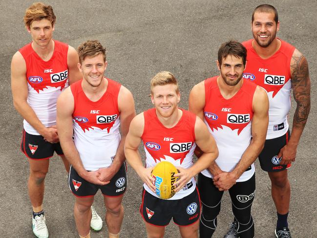 A record five Swans players have earned All-Australian honours. pictured at the SCG are , l to r, Dane Rampe, Luke Parker, Dan Hannebery, Josh Kennedy and Lance Franklin . pic Mark Evans