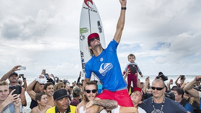 Happy days. Owen Wright celebrates winning the Quiksilver Pro. Pic: WSL/Cestari