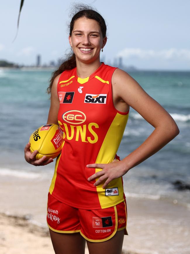 Kiara Bischa poses during a Gold Coast Suns AFLW media opportunity on December 19, 2023 in Burleigh Heads, Australia. (Photo by Chris Hyde/Getty Images)