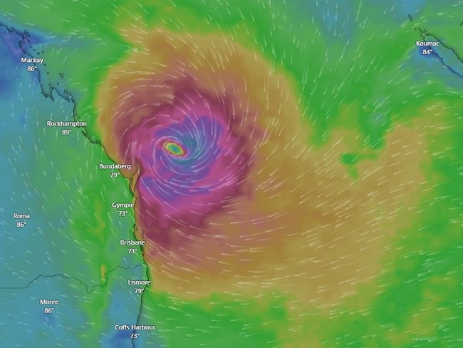 For Monday March 3 this forecast track map has the system travelling southeast off the coast of Bundaberg. Source: Windy.com