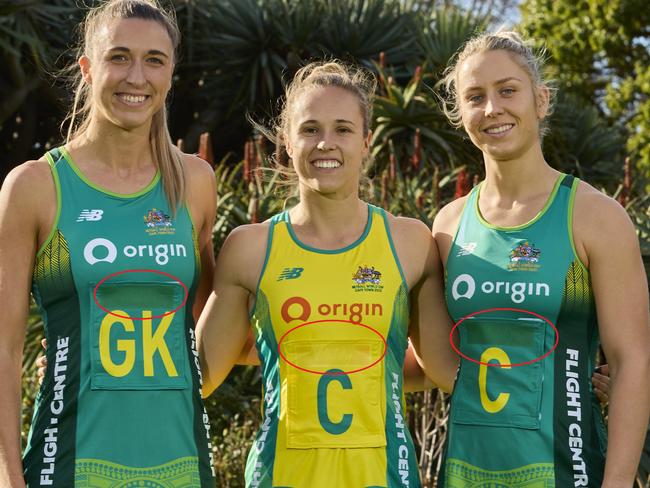 Eagle-eyed netball fans spotted the Vitality logo had been taped over on the Diamonds’ dresses. Picture: Graham Denholm/Getty Images for Netball Australia
