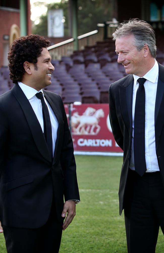 Sachin Tendulkar and Steve Waugh at the Sydney Cricket Ground. Both were inducted into Bradman Hall of Fame. Picture: Richard Dobson