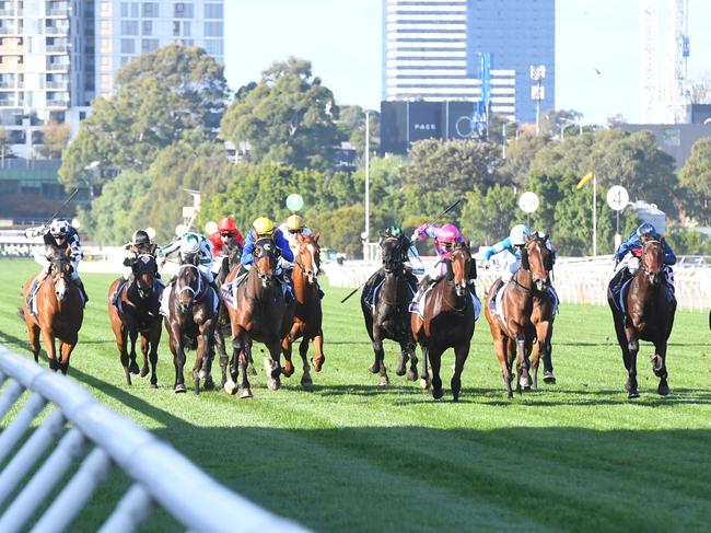 Who Dares ridden by Patrick Moloney wins the Hilton Nicholas Straight Six at Flemington Racecourse on May 18, 2024 in Flemington, Australia. (Photo by Brett Holburt/Racing Photos via Getty Images)