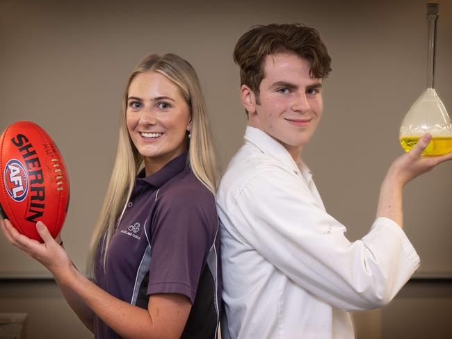 Mikayla Williamson and Mitch Przybylowski are Year 12 students graduating this year. Mikayla is a VCE Vocation Major students, was house captain and completed her CERT III in Fitness and will do her CERT IV next year with Jets Gym. Mitch completed his first VCE subject when he was only 13 years old in Year 8. Since then, he has completed a number of Year 12 VCE subjects culminating in a 40 Study Score in Math Methods last year. Picture: Tony Gough