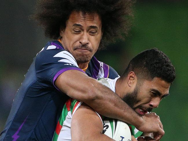 Felise Kaufusi’s defence was brutal for the Storm against the Rabbitohs. Picture: AAP