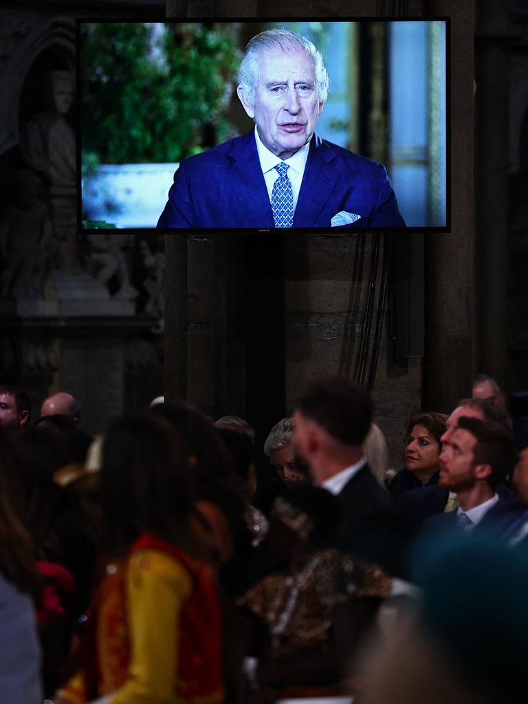 Guests watched King Charles, currently receiving cancer treatment, deliver his recorded message during an annual Commonwealth Day service ceremony at Westminster Abbey in London, on March 11 with Prince William in attendance. Picture: Henry Nicholls/Pool/AFP