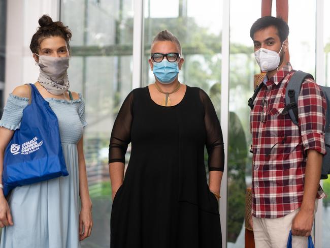 Canadian student Macarena Santos, Deputy Vice-Chancellor Students and VET Sam Jacob and Sushan Khatiwada from Nepal. Picture: Supplied.