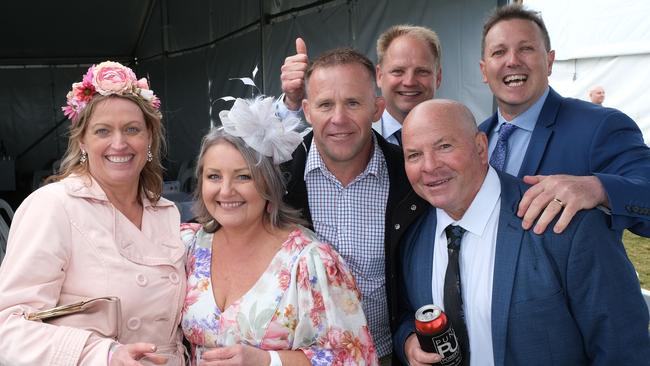 Left to right: Julie Linguey, Janelle Davies, Stephen Aldersley, Glenn Davies, Gavin Linguey and Shaun Murray celebrating after the Geelong Cup. Picture: Mark Wilson