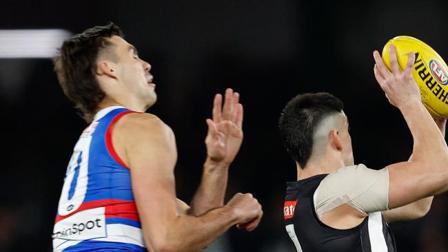 MELBOURNE, AUSTRALIA - MAY 31: Brayden Maynard of the Magpies receives a receives a heavy bump from Sam Darcy of the Bulldogs during the 2024 AFL Round 12 match between the Collingwood Magpies and the Adelaide Crows at The Melbourne Cricket Ground on May 31, 2024 in Melbourne, Australia. (Photo by Dylan Burns/AFL Photos via Getty Images)