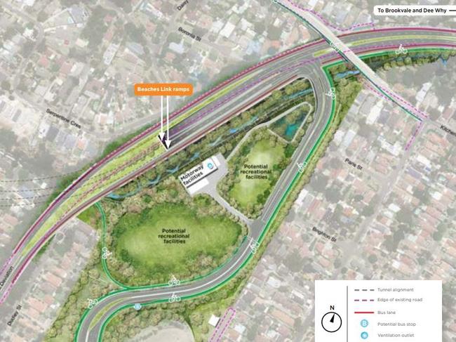 Plans for the Beaches Link show a new road linking Burnt Bridge Creek Deviation with Sydney Rd and Balgowlah Golf Course being converted to community open space.