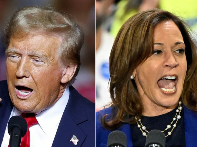 (COMBO) This combination of pictures created on November 02, 2024 shows Former US President and Republican presidential candidate Donald Trump (L) gestures as he speaks at a campaign rally at the Fiserv Forum in Milwaukee, Wisconsin, November 1, 2024, and US Vice President and Democratic presidential candidate Kamala Harris (R) speaks during a campaign rally at the Craig Ranch Amphitheater in Las Vegas, Nevada, on October 31, 2024..  (Photo by KAMIL KRZACZYNSKI and David Becker / AFP)