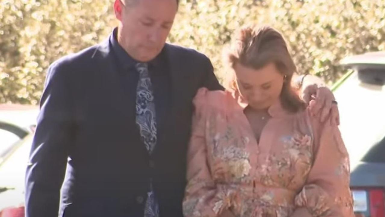 Shaun and Samantha Bowles at the funeral of Holly Morton-Bowles. Picture: 7News