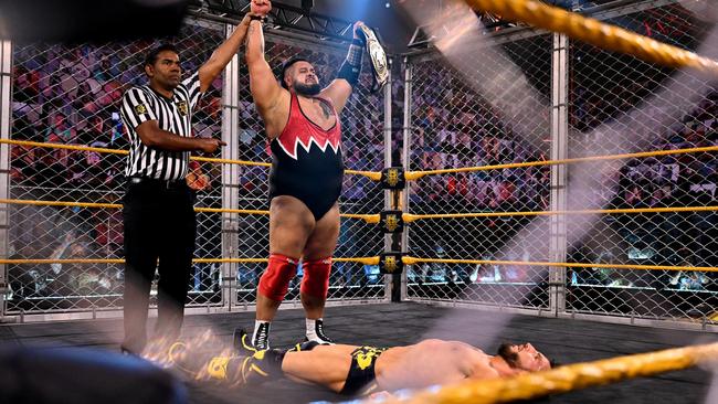 Adelaide WWE NXT star Bronson Reed stands victorious over former North American Champion Johnny Gargano on Wednesday. Picture: WWE