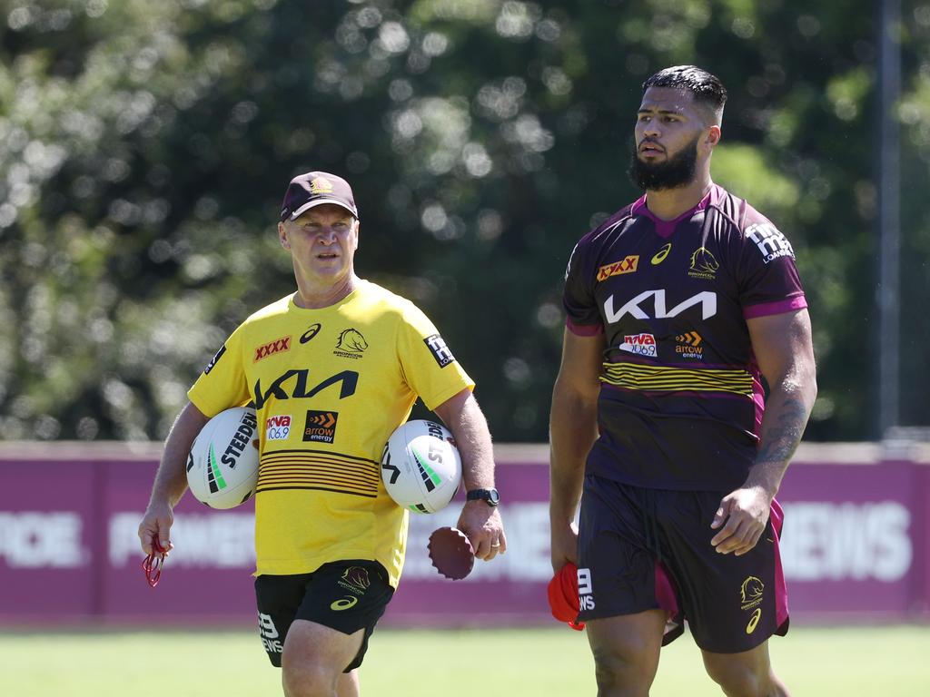 Payne Haas, pictured with Alfie Langer, has had to train through the day time heat without fluids. Picture: Tara Croser.