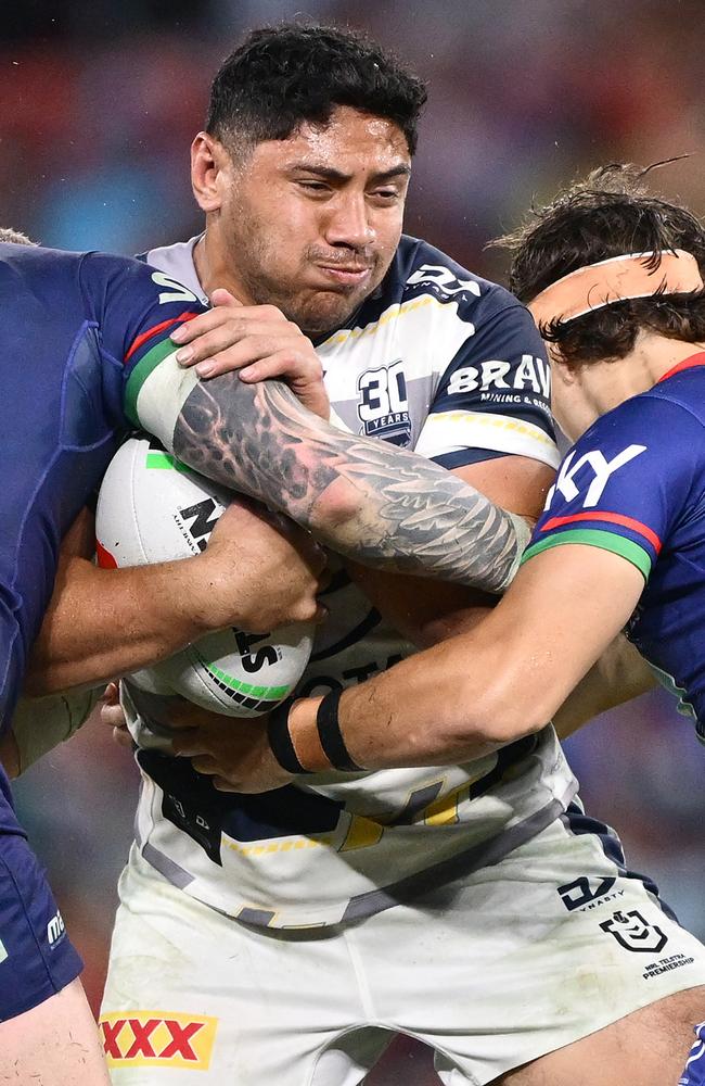 Jason Taumalolo of the Cowboys is tackled during the round nine NRL match between the New Zealand Warriors and North Queensland Cowboys at Suncorp Stadium on May 03, 2025, in Brisbane, Australia. (Photo by Hannah Peters/Getty Images)