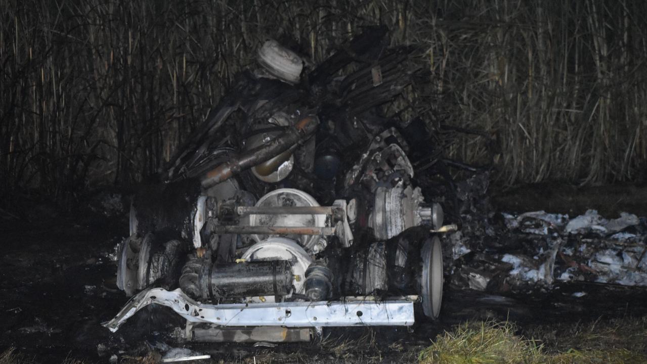 The wreckage of a tragic truck crash on the Bruce Highway north of Koumala that took the life of a Mackay man driving a ute on February 4, 2022. Picture: Lillian Watkins