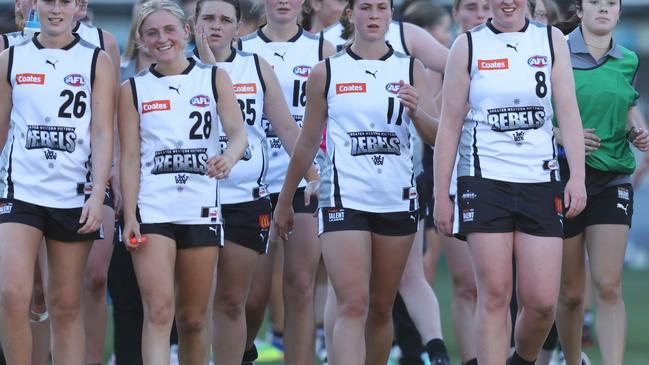 GEELONG, AUSTRALIA - MARCH 28: Rebels players leave the field during the 2024 Coates Talent League Girls Round 1 match between the Geelong Falcons and GWV Rebels at GMHBA Stadium on March 28, 2024 in Geelong, Australia. (Photo by Rob Lawson/AFL Photos)