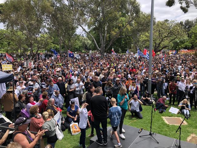 Thousands of people at Rundle Park protesting vaccine mandates. Picture Keryn Stevens