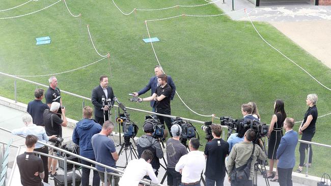 SMA CEO Andrew Daniels and Executive General Manager Matthew Richardson show off the different pod system used in last year’s finals. Picture: Sarah Reed