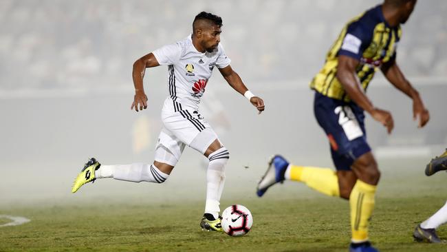 Wellington Phoenix’s Roy Krishna scored two goals during his team’s 8-2 rout of the Mariners at Central Coast Stadium on Saturday night. Picture: AAP