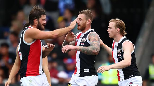 Tim Membrey celebrates a goal with his teammates. Picture: Getty Images 