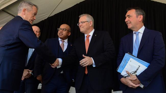 Bill Shorten, Sanjeev Gupta, former Prime Minister Scott Morrison and former Premier of South Australia Steven Marshall in 2018. Picture: Tom Huntley