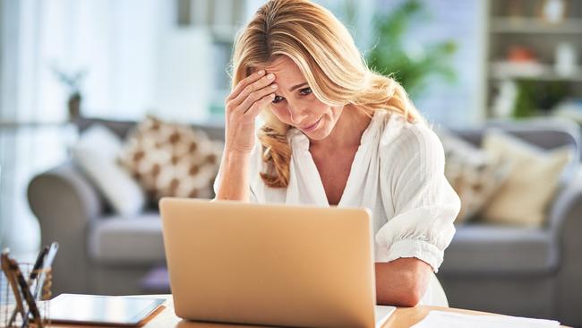 Business woman stress, burnout or laptop anxiety 404 error, financial stress or mental health in house. Depression, tired or remote employee with headache from audit, tax finance or financial debt, mortgage interest rates generic