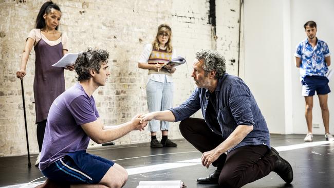 Actors Paula Arundell, Mark Leonard Winter, Tilly Ridgway, Marco Chiappi and Tom Conroy in rehearsal for The Master and Margarita at Belvoir. Picture: Brett Boardman