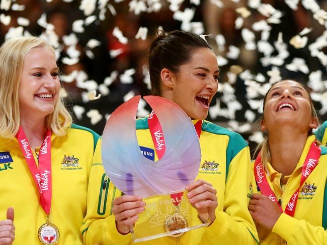 LONDON, ENGLAND - FEBRUARY 05: Captain Sharni Leyton (C) lifts the trophy with the Australia team after winning the Quad Series netball match between the England Roses and the Australia Diamonds at the SSE Arena on February 5, 2017 in London, England. (Photo by Jordan Mansfield/Getty Images)