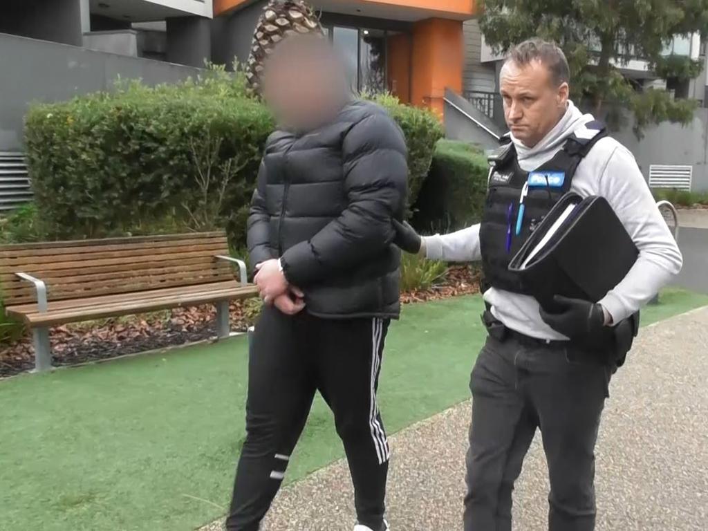 Arrest footage of four people being taken into custody following a drug seizure in Clayton South on Friday. Picture: Victoria Police