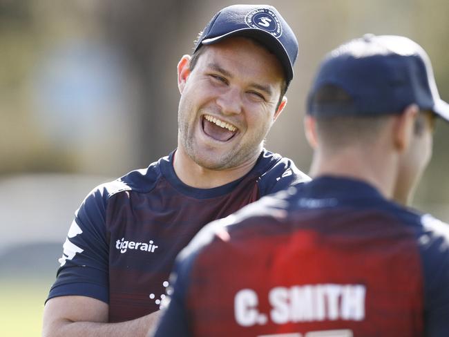 Joe Stimson (left) reacts during a Melbourne Storm training session. Picture: AAP Image