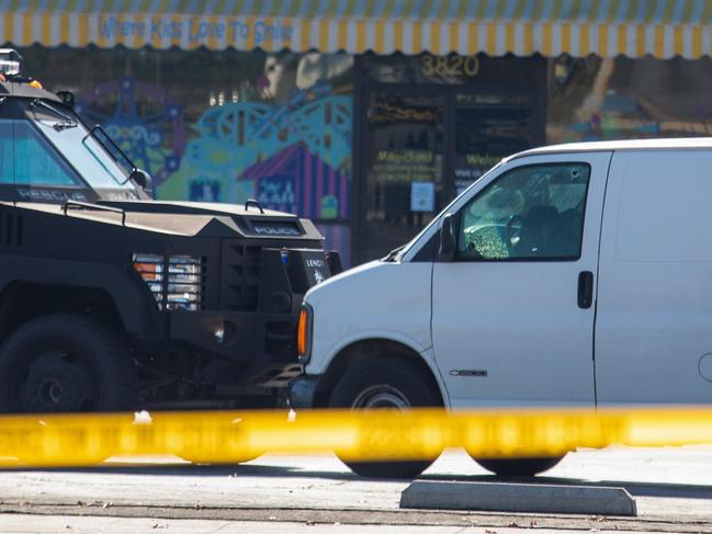 The suspect in a mass shooting in Monterey Park appears slumped over in a van. Picture: Jay L. Clendenin / Los Angeles Times via Getty Images