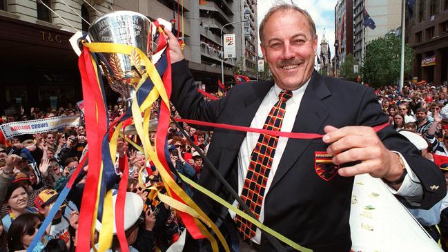 Crows Coach Malcolm Blight at Adelaide Town Hall after leading Adelaide to the 1997 AFL premiership.