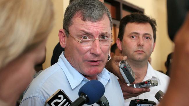 Mark Trowell QC, right, and Phillip Laskaris talk to journalists after meeting Schapelle Corby at Kerobokan jail. Picture: Lukman S Bintoro