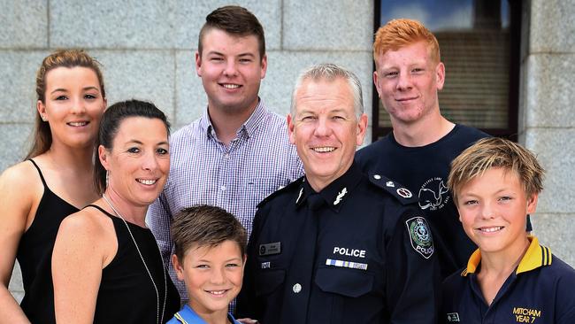 Grants Stevens’ confirmation as the new Police Commissioner in 2015. Pictured here with his family including, (clockwise from front left) Charlie, 9, his wife Emma, Sophie, 19, Dylan, 20, Josh, 18, and Tom, 12. Picture Dean Martin