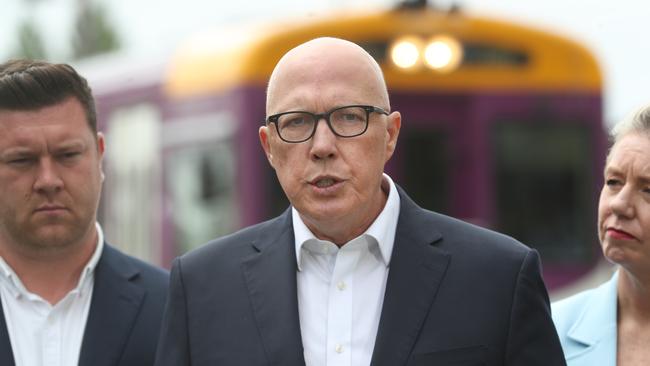 The Leader of the Opposition, Peter Dutton, holds a press conference in Frankston last month with Senator Bridget McKenzie and the Liberal Party candidate for the Victorian Dunkley by-election, Nathan Conroy. Picture: David Crosling