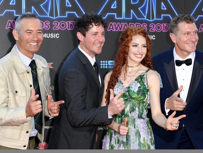 Anthony Field with his fellow Wiggles Lachlan Gillespie, Emma Watkins, and Simon Pryce.