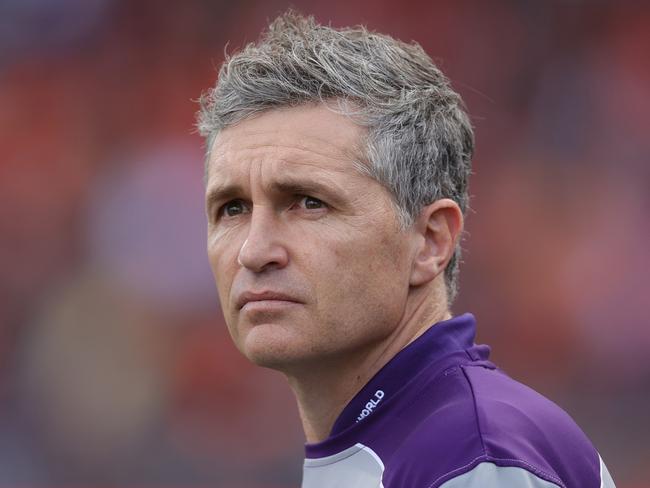 SYDNEY, AUSTRALIA - AUGUST 17: Justin Longmuir, Senior Coach of the Dockers looks on during the round 23 AFL match between Greater Western Sydney Giants and Fremantle Dockers at ENGIE Stadium on August 17, 2024 in Sydney, Australia. (Photo by Jason McCawley/AFL Photos/via Getty Images)