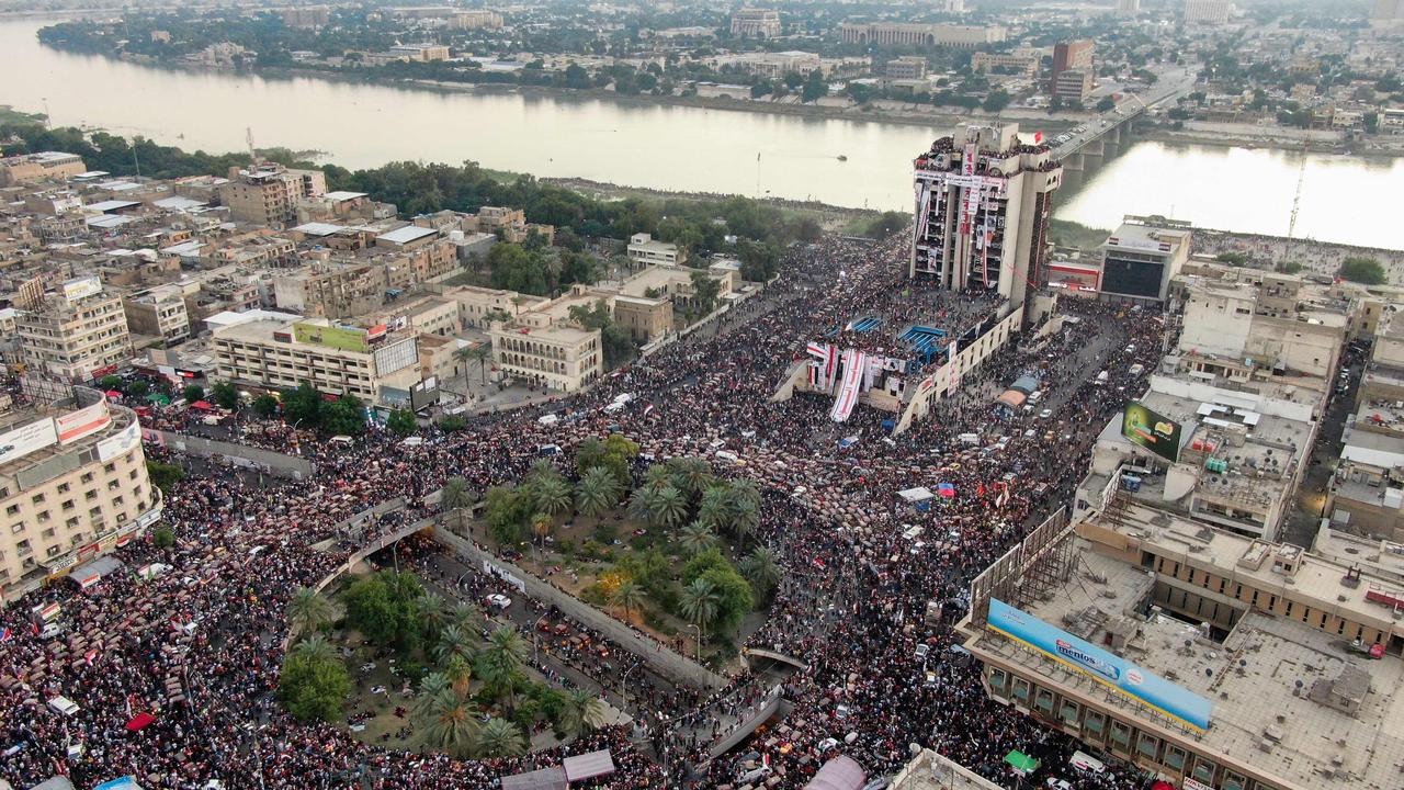 An aerial view shows Iraqi protesters gathering at Baghdad's Tahrir square. Picture: AFP