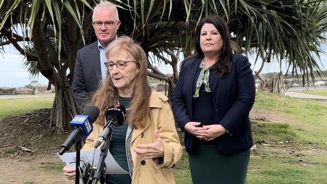 Acting CEO of the NSW Reconstruction Authority Mal Lanyon,Ballina Greens MP Tamara Smith and Parliamentary Secretary Officer for Disaster Recovery Janelle Saffin discuss a $210,000 funding boost to secure more housing in Ballina. Picture: Savannah Pocock