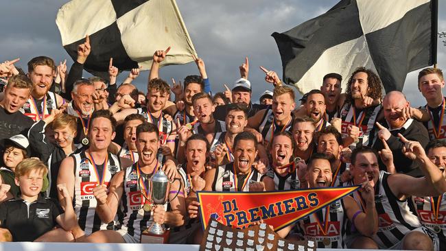 Payneham Norwood Union players celebrate winning the 2019 division one premiership. Picture: Tom Huntley